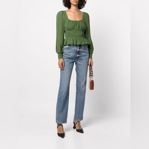 Reformation Hearth Cinched Waist Blouse sz 6 Kelly Green Date Night Top NWOT